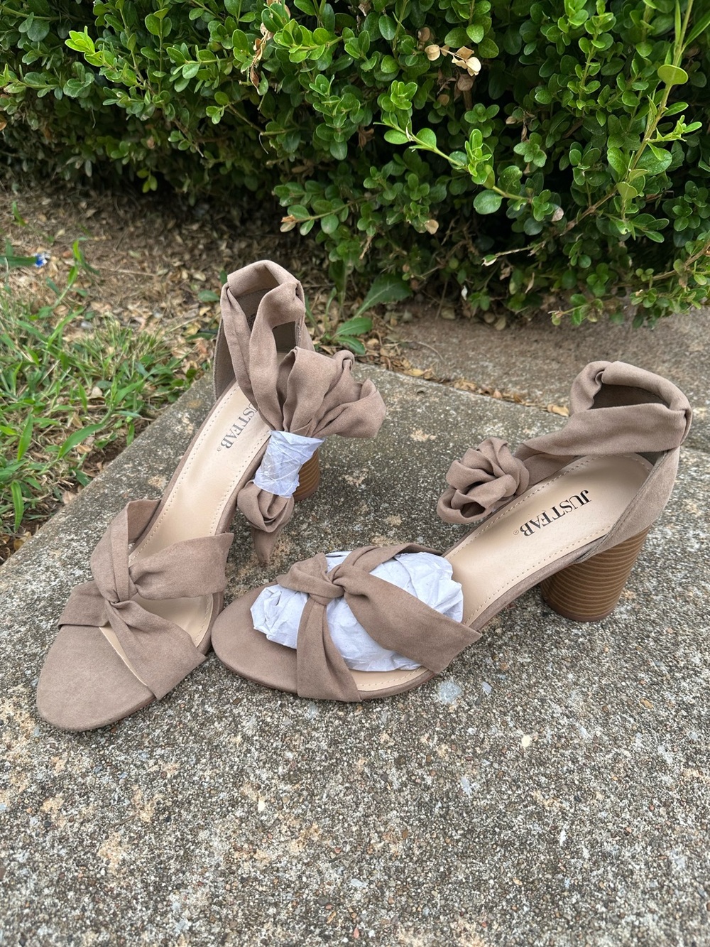 JustFab Taupe Knot Front Ankle-Tie Heels